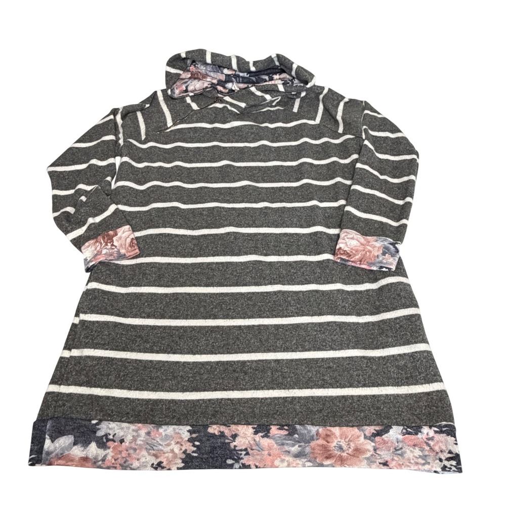 Beeson River Plus Gray Striped Floral Tunic Hoodie Asymmetric Zip Size 1XL